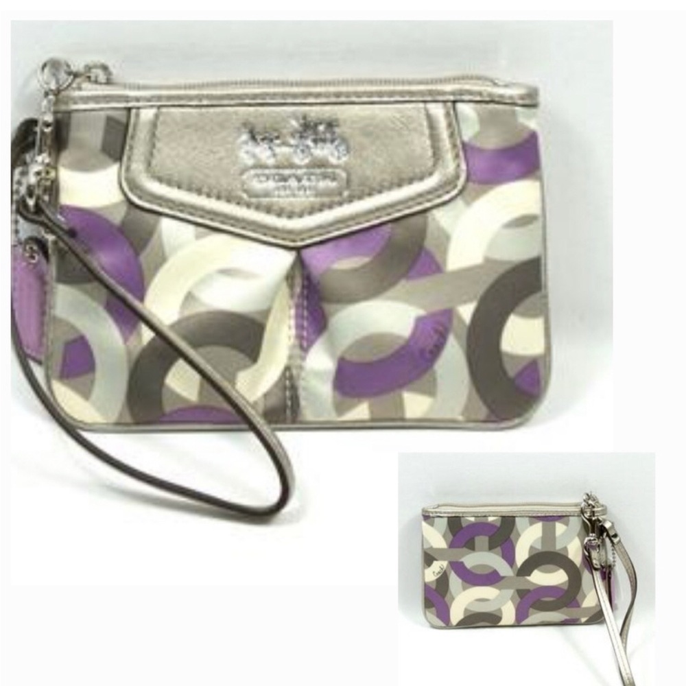 Coach Purple, Silver & Cream Signature Circle Wristlet with Detachable Strap